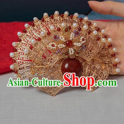 Chinese Classical Pearls Golden Hair Crown Handmade Hanfu Hair Accessories Ancient Tang Dynasty Palace Princess Agate Hairpins Phoenix Coronet