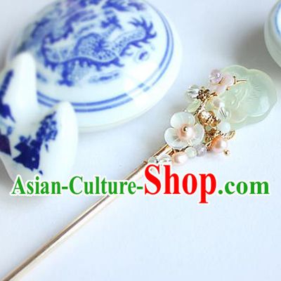 Chinese Classical Jade Golden Hair Stick Handmade Hanfu Hair Accessories Ancient Ming Dynasty Queen Hairpins
