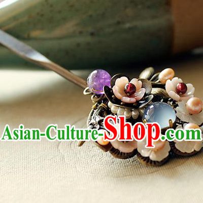 Chinese Classical Pearls Black Hair Stick Handmade Hanfu Hair Accessories Ancient Ming Dynasty Queen Blue Chalcedony Hairpins