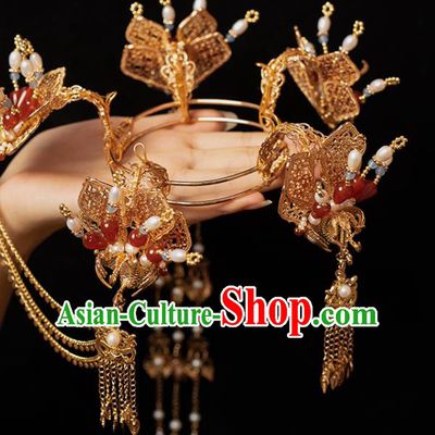 Chinese Classical Golden Tassel Hair Crown Handmade Hanfu Hair Accessories Ancient Tang Dynasty Empress Hairpins Agate Phoenix Coronet