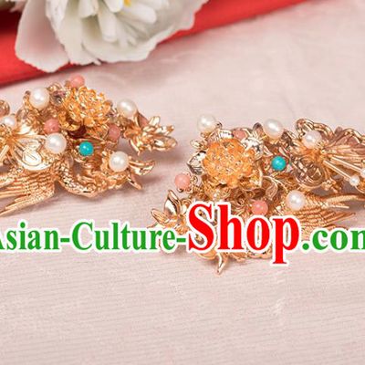 Chinese Classical Golden Phoenix Hair Sticks Handmade Hanfu Hair Accessories Ancient Ming Dynasty Empress Hairpins