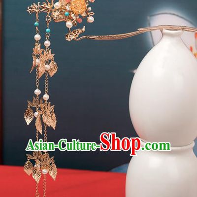 Chinese Classical Golden Lotus Tassel Hair Stick Handmade Hanfu Hair Accessories Ancient Ming Dynasty Empress Phoenix Hairpins