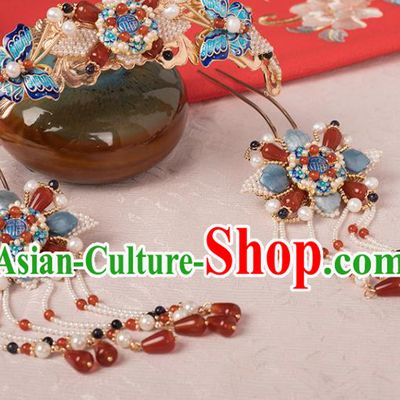 Chinese Classical Pearls Tassel Hair Stick Handmade Hanfu Hair Accessories Ancient Ming Dynasty Princess Blueing Agate Hairpins