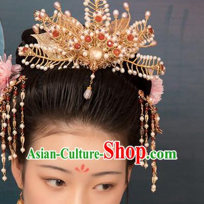 Chinese Classical Golden Phoenix Coronet Handmade Hanfu Hair Accessories Ancient Ming Dynasty Princess Hairpins Pearls Hair Crown