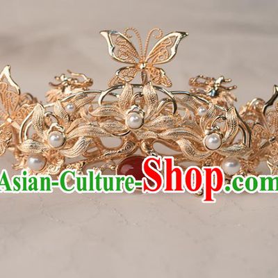 Chinese Classical Golden Lotus Hair Comb Handmade Hanfu Hair Accessories Ancient Ming Dynasty Queen Hairpins Agate Hair Crown