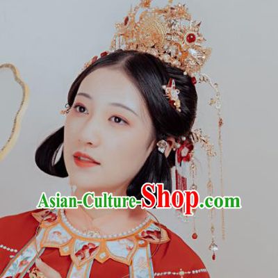 Chinese Classical Golden Phoenix Coronet Handmade Hanfu Hair Accessories Ancient Tang Dynasty Queen Hairpins Pearls Hair Crown