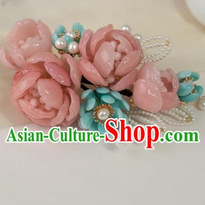 Chinese Classical Pink Flowers Hair Stick Handmade Hanfu Hair Accessories Ancient Ming Dynasty Hairpins