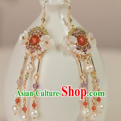 Chinese Handmade Pearls Earrings Classical Ear Accessories Hanfu Ming Dynasty Princess Shell Flowers Eardrop