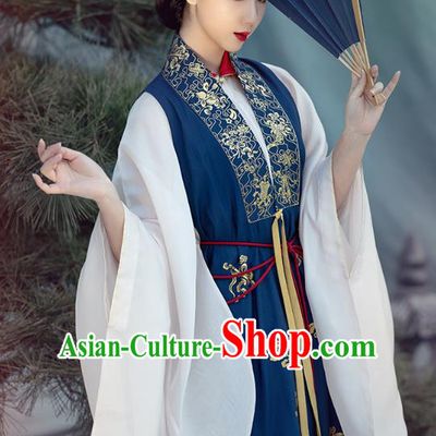Chinese Ancient Countess Hanfu Apparels Traditional Ming Dynasty Noble Women Historical Costumes Embroidered Deep Blue Long Vest