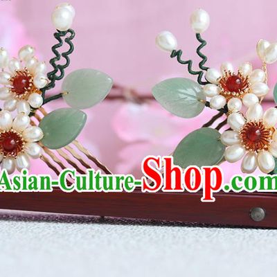 Chinese Classical Court Pearls Hair Combs Handmade Hanfu Hair Accessories Ancient Ming Dynasty Princess Jade Leaf Hairpins