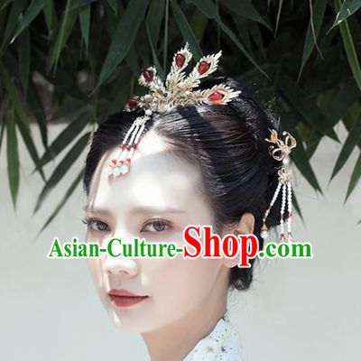 Chinese Classical Palace Agate Phoenix Hair Crown Handmade Hanfu Hair Accessories Ancient Ming Dynasty Empress Pearls Golden Hairpins