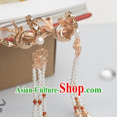Chinese Classical Palace Pearls Tassel Step Shake Handmade Hanfu Hair Accessories Ancient Ming Dynasty Empress Golden Phoenix Hairpins