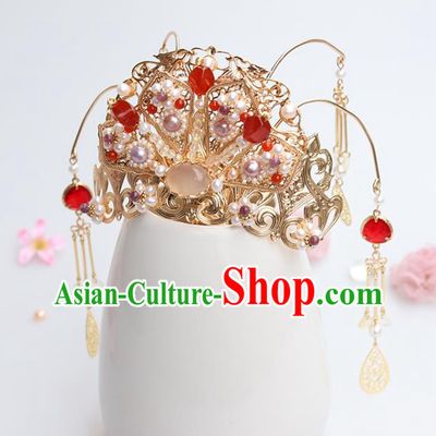 Chinese Classical Palace Pink Chalcedony Hair Crown Handmade Hanfu Hair Accessories Ancient Ming Dynasty Empress Red Crystal Pearls Hairpins