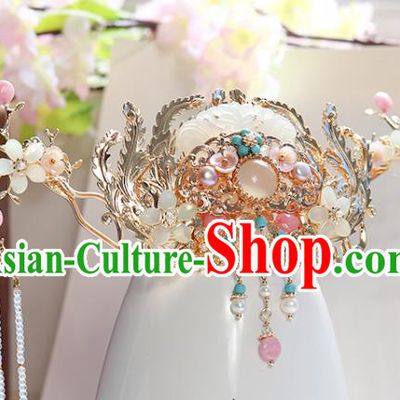 Chinese Classical Palace Jade Hair Crown Handmade Hanfu Hair Accessories Ancient Ming Dynasty Empress Pearls Chalcedony Hairpins