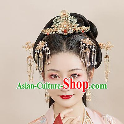 Chinese Classical Palace Golden Hair Crown Handmade Hanfu Hair Accessories Ancient Tang Dynasty Princess Agate Hairpins