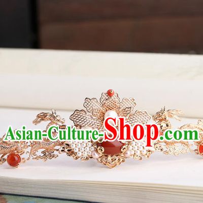 Chinese Classical Palace Golden Dragon Hair Crown Handmade Hanfu Hair Accessories Ancient Tang Dynasty Princess Pearls Hairpins