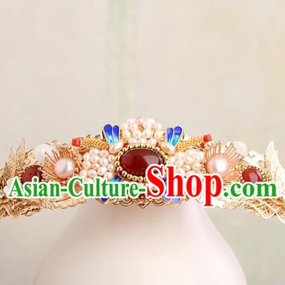 Chinese Classical Palace Pearls Agate Hair Crown Handmade Hanfu Hair Accessories Ancient Ming Dynasty Princess Golden Butterfly Hairpins