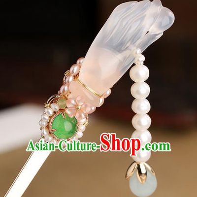 Chinese Classical Palace Jade Hair Stick Handmade Hanfu Hair Accessories Ancient Ming Dynasty Princess Pearls Tassel Hairpins