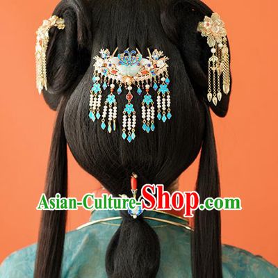 Chinese Classical Palace Jade Butterfly Hair Comb Handmade Hanfu Hair Accessories Ancient Ming Dynasty Princess Pearls Tassel Hairpins