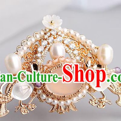 Chinese Classical Palace Crystal Hair Crown Handmade Hanfu Hair Accessories Ancient Ming Dynasty Princess Shell Pearls Hairpins