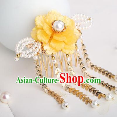 Chinese Classical Palace Yellow Peony Tassel Hair Comb Handmade Hanfu Hair Accessories Ancient Ming Dynasty Princess Hairpins