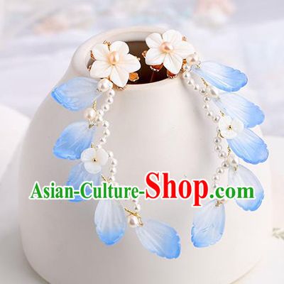 Chinese Classical Palace Blue Leaf Hair Sticks Handmade Hanfu Hair Accessories Ancient Ming Dynasty Princess Hairpins