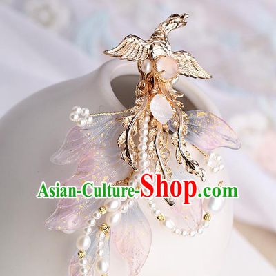 Chinese Classical Palace Pink Phoenix Hair Sticks Handmade Hanfu Hair Accessories Ancient Ming Dynasty Princess Pearls Hairpins
