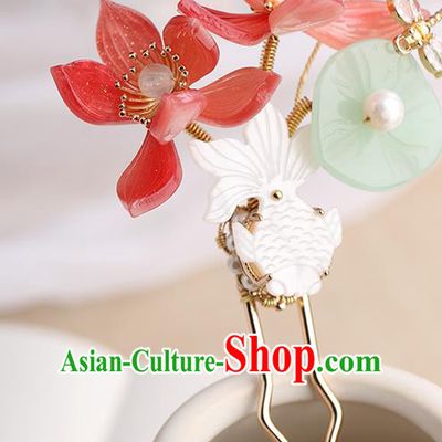 Chinese Classical Palace Red Lotus Hair Sticks Handmade Hanfu Hair Accessories Ancient Song Dynasty Princess Shell Fish Hairpins