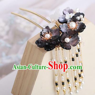 Chinese Classical Palace Tassel Hair Sticks Handmade Hanfu Hair Accessories Ancient Ming Dynasty Princess Black Flowers Hairpins