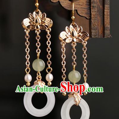 Chinese Handmade White Jade Earrings Classical Ear Accessories Hanfu Ming Dynasty Empress Golden Lotus Eardrop