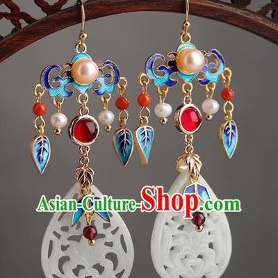 Chinese Handmade Blueing Earrings Classical Ear Accessories Hanfu Ming Dynasty Empress Jade Eardrop