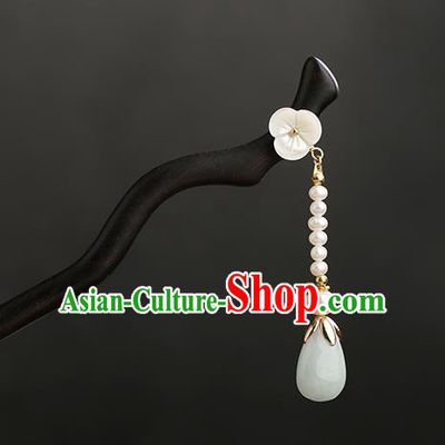 Chinese Classical Palace Ebony Hair Sticks Handmade Hanfu Hair Accessories Ancient Ming Dynasty Princess Jade Tassel Hairpins