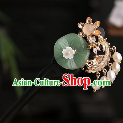 Chinese Classical Palace Golden Fish Hair Sticks Handmade Hanfu Hair Accessories Ancient Ming Dynasty Princess Jade Lotus Leaf Ebony Hairpins
