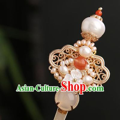 Chinese Classical Palace Pearls Hair Sticks Handmade Hanfu Hair Accessories Ancient Ming Dynasty Princess Golden Hairpins