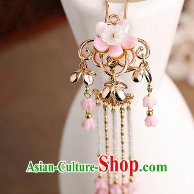 Chinese Classical Palace Pink Flower Tassel Hair Stick Handmade Hanfu Hair Accessories Ancient Ming Dynasty Princess Golden Hairpins