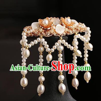 Chinese Classical Palace Long Tassel Pearls Hair Sticks Handmade Hanfu Hair Accessories Ancient Ming Dynasty Princess Shell Hairpins