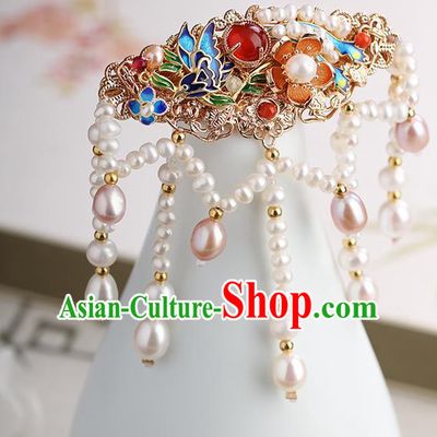 Chinese Classical Palace Blueing Long Tassel Hair Sticks Handmade Hanfu Hair Accessories Ancient Ming Dynasty Princess Shell Pearls Hairpins