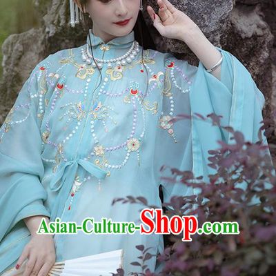 Chinese Ancient Imperial Concubine Historical Costumes Traditional Ming Dynasty Court Women Hanfu Apparels Embroidered Blue Gown and Skirt Full Set