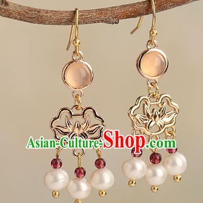 Chinese Handmade Garnet Earrings Classical Ear Accessories Hanfu Ming Dynasty Princess Golden Lotus Eardrop
