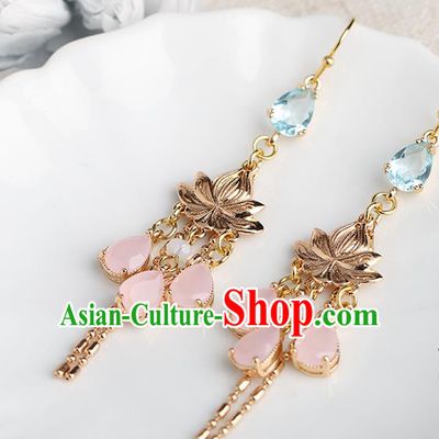 Chinese Handmade Golden Lotus Earrings Classical Ear Accessories Hanfu Ming Dynasty Princess Blue Crystal Eardrop