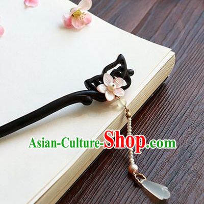 Chinese Classical Palace Ebony Hair Stick Handmade Hanfu Hair Accessories Ancient Ming Dynasty Princess Pearls Tassel Hairpins