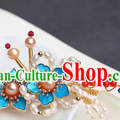 Chinese Classical Palace Blueing Plum Hair Stick Handmade Hanfu Hair Accessories Ancient Ming Dynasty Princess Pearls Ceregat Hairpins