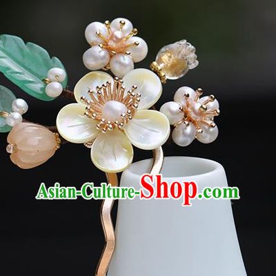 Chinese Classical Palace Beige Plum Hair Stick Handmade Hanfu Hair Accessories Ancient Ming Dynasty Princess Pearls Hairpins