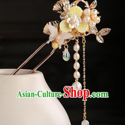 Chinese Classical Palace Pearls Tassel Hair Stick Handmade Hanfu Hair Accessories Ancient Ming Dynasty Princess Shell Butterfly Hairpins