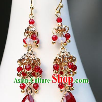 Chinese Handmade Red Beads Earrings Classical Ear Accessories Hanfu Ming Dynasty Princess Crystal Tassel Eardrop