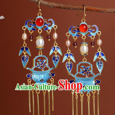 Chinese Handmade Blueing Orchid Earrings Classical Ear Accessories Hanfu Qing Dynasty Princess Pearls Agate Eardrop