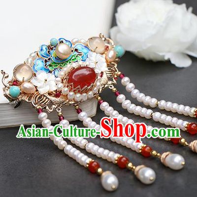 Chinese Classical Palace Blueing Peony Hair Crown Handmade Hanfu Hair Accessories Ancient Qing Dynasty Princess Beads Tassel Hairpins
