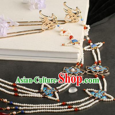 Chinese Classical Palace Phoenix Tassel Hair Stick Handmade Hanfu Hair Accessories Ancient Ming Dynasty Empress Blueing Lotus Hairpins