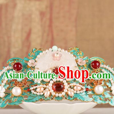 Chinese Classical Palace Pearls Jade Hair Comb Handmade Hanfu Hair Accessories Ancient Ming Dynasty Empress Blueing Hairpins
