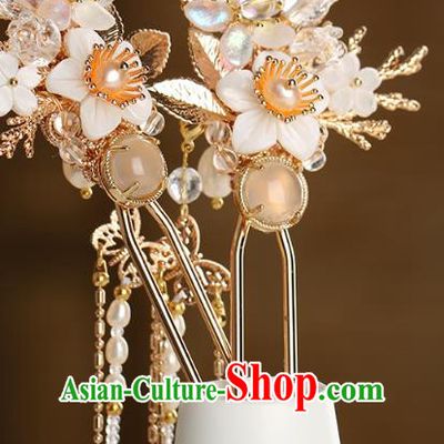 Chinese Classical Palace Chalcedony Hair Stick Handmade Hanfu Hair Accessories Ancient Ming Dynasty Empress Golden Tassel Hairpins
